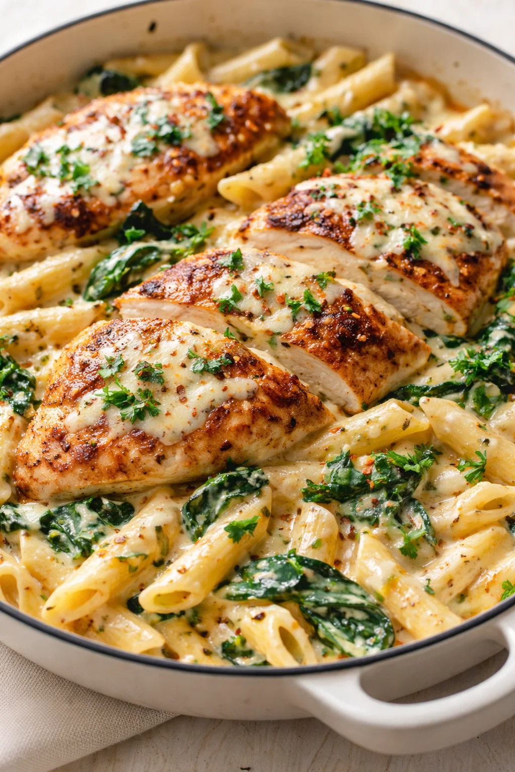 Creamy chicken pasta with spinach and parsley garnish in a white skillet.