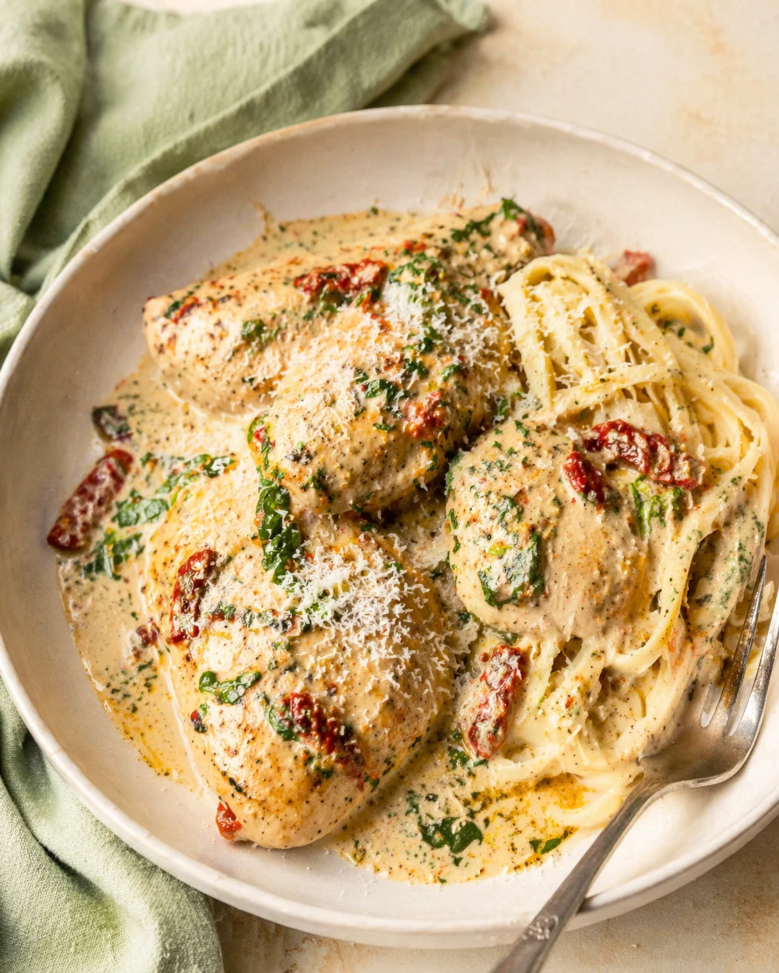 Creamy chicken with sun-dried tomatoes and parmesan over fettuccine on a white plate.
