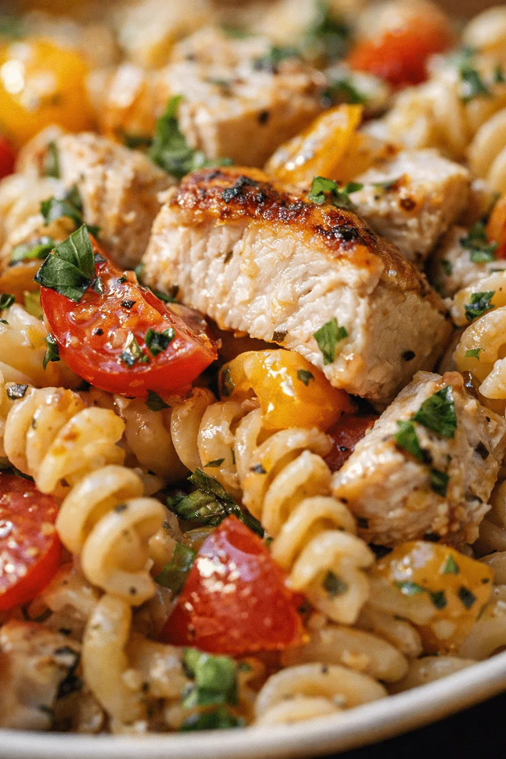 Close-up of creamy chicken pasta with cherry tomatoes and chopped parsley.