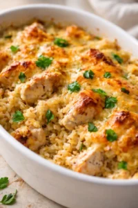 Creamy baked chicken and rice casserole topped with melted cheese and parsley in a white oval dish