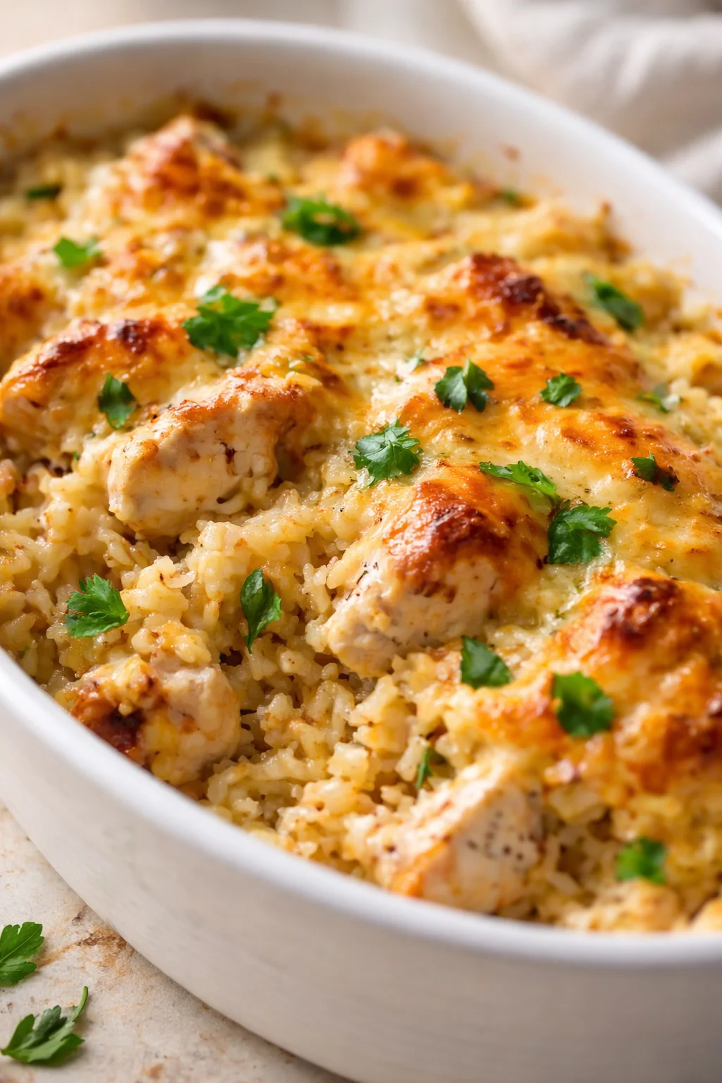 Creamy baked chicken and rice casserole topped with melted cheese and parsley in a white oval dish