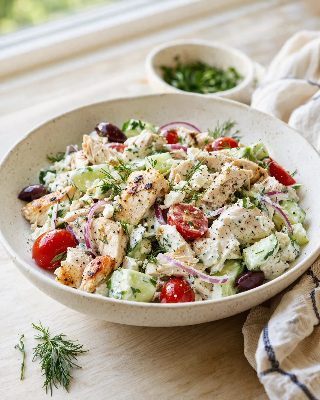large speckled ceramic bowl of creamy chicken salad with cucumber, tomatoes, red onion, olives, feta, and dill