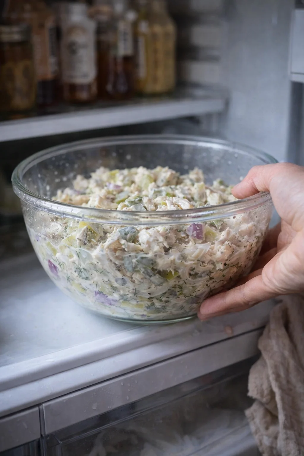 Glass bowl of creamy chicken salad with celery and herbs, held by a hand.