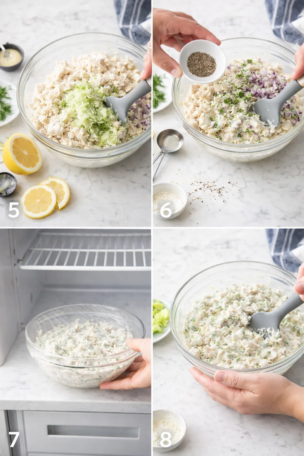 Four-panel collage showing chicken salad prep: mixing chicken, celery, onion, seasoning, chilling, and final mixture.