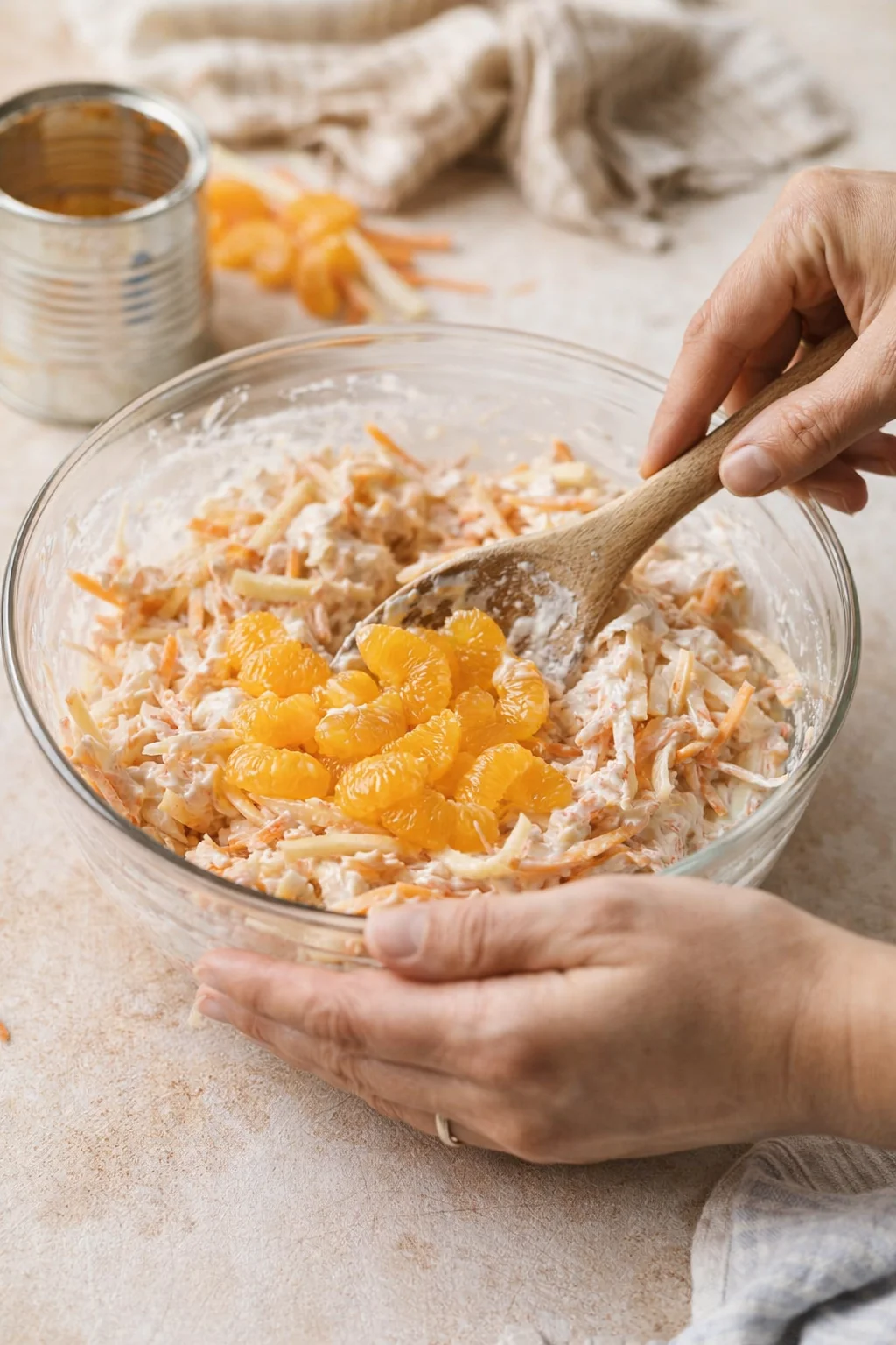 Hands mix creamy chicken salad in a glass bowl topped with mandarin orange segments.