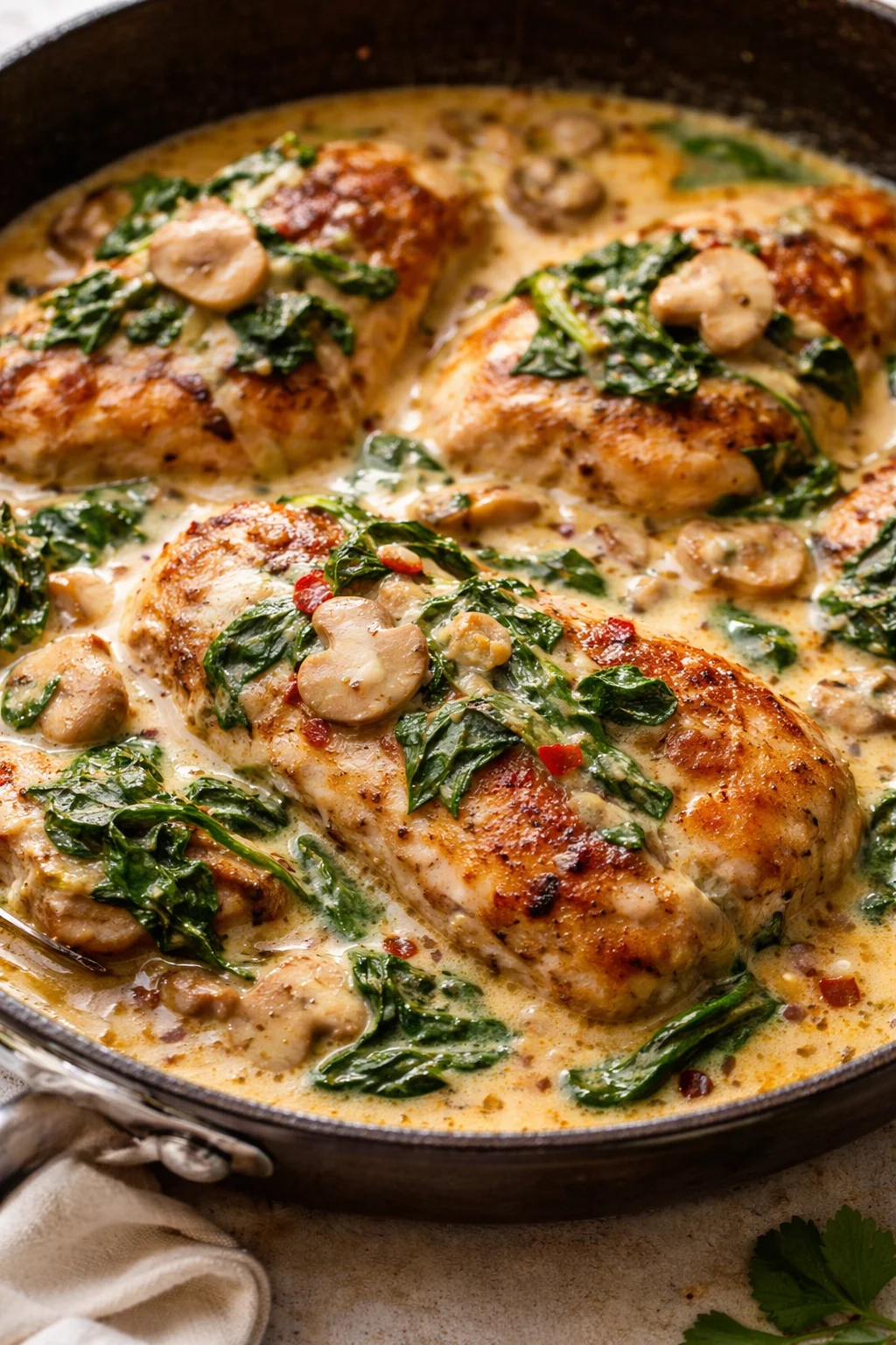 seared chicken breasts in a creamy mushroom-spinach sauce, bubbling in a skillet