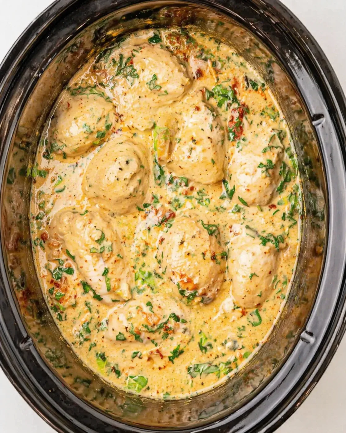 Chicken simmering in a creamy herb sauce inside a dark oval slow cooker.