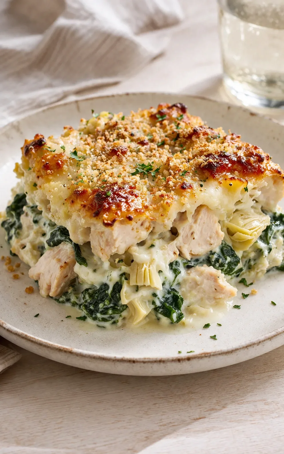 Creamy chicken-spinach-artichoke casserole with breadcrumb crust on a beige plate.
