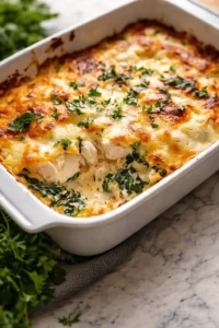 baked chicken spinach casserole with melted cheese in a white baking dish on marble counter
