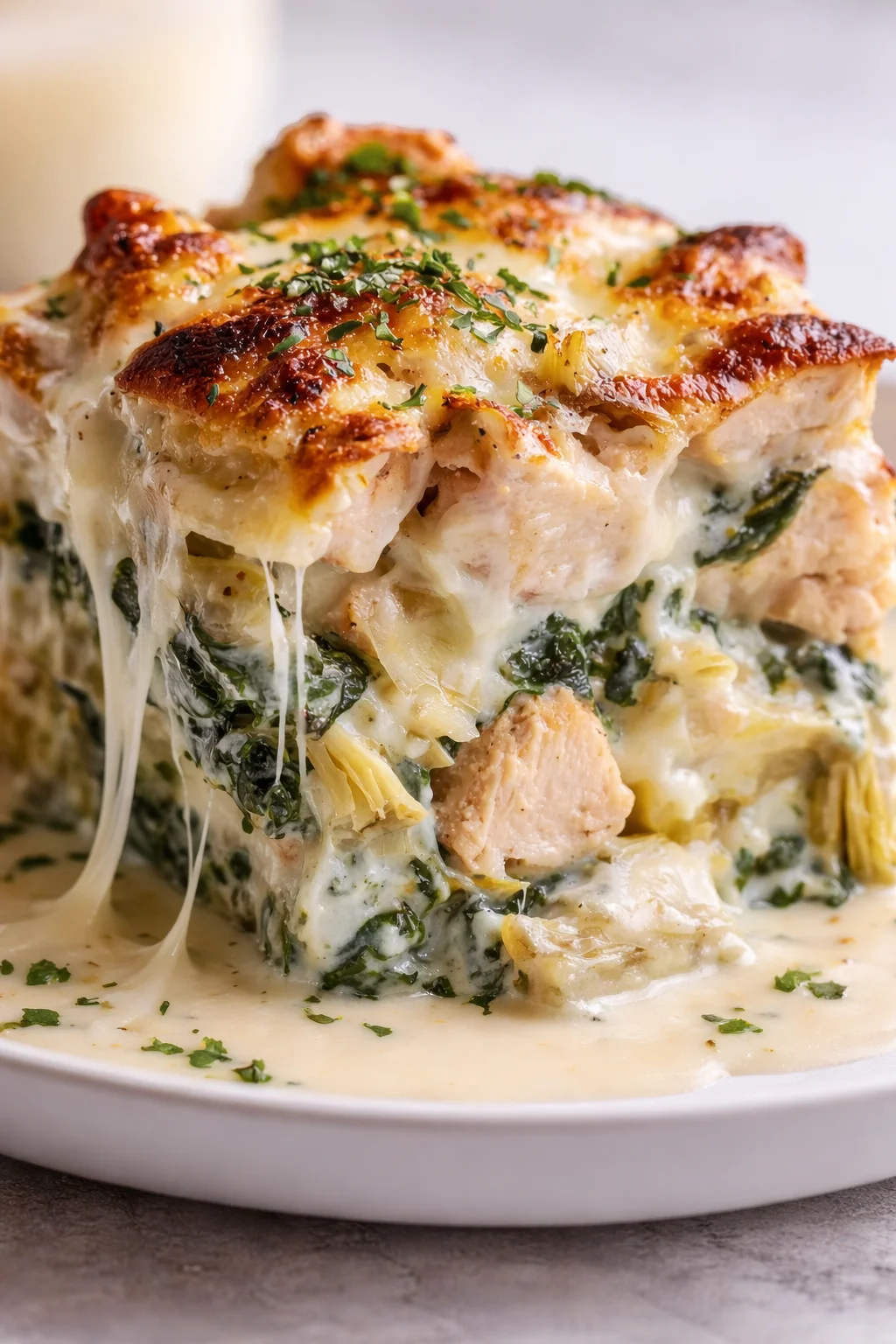 Tall, layered creamy chicken spinach casserole topped with a golden cheese crust and chopped herbs.