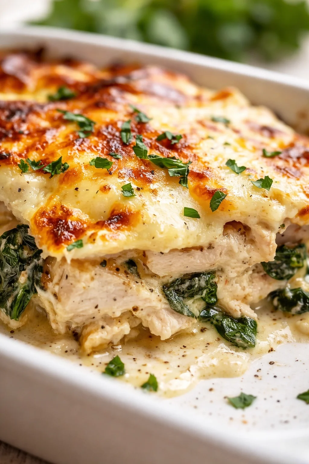 Slices of creamy chicken spinach lasagna topped with melted cheese in a white baking dish.