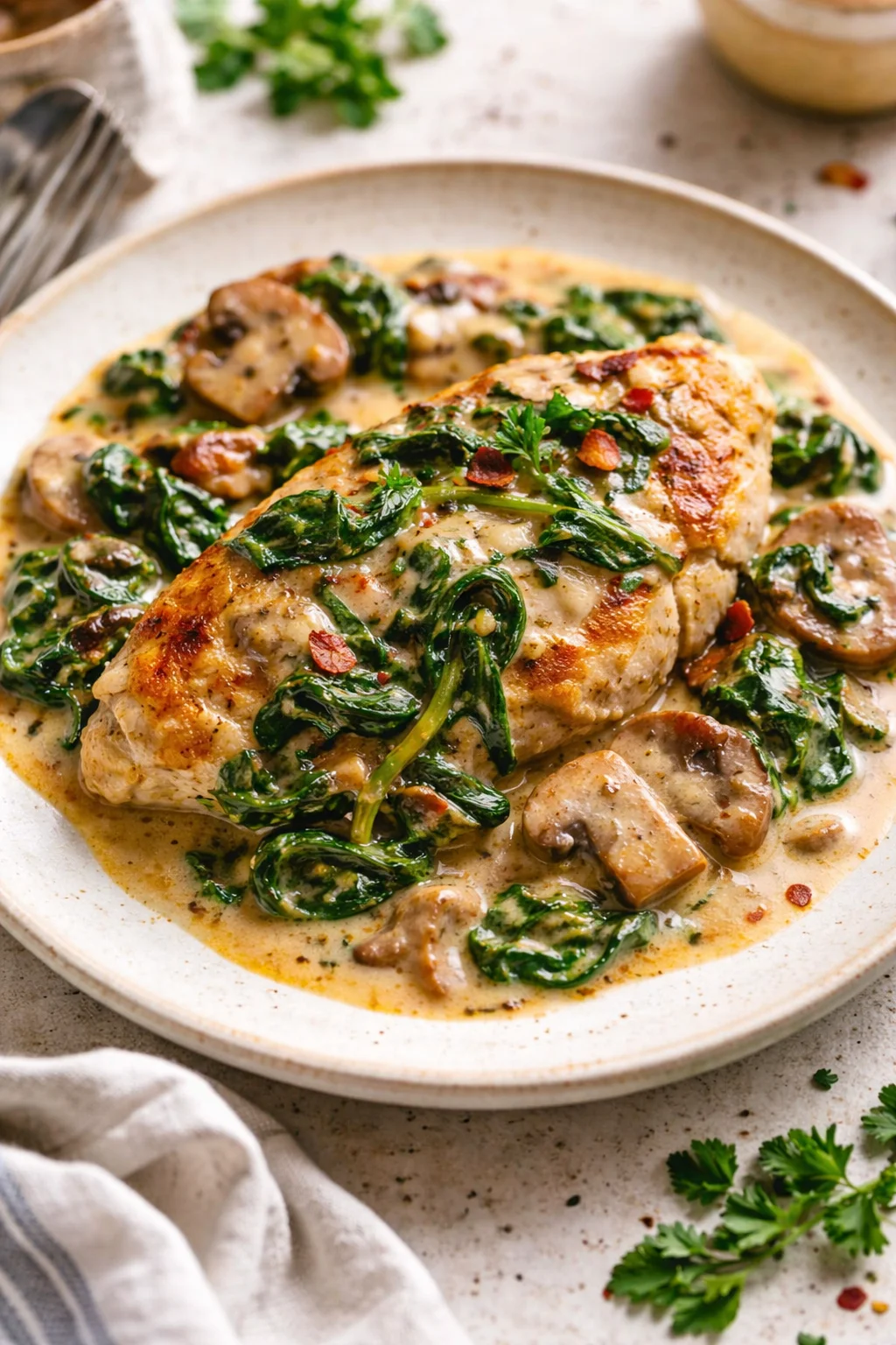 Golden-brown chicken in creamy sauce with wilted spinach, mushrooms, and red pepper flakes on a speckled beige plate.