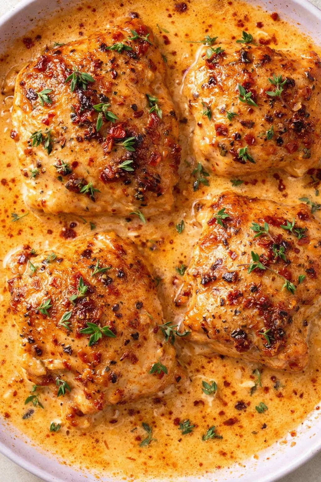 four browned chicken pieces in a creamy orange sauce with red pepper flakes and thyme