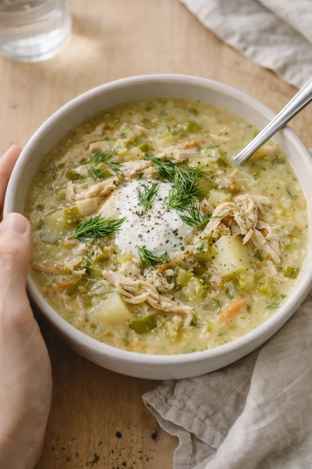 bowl of creamy chicken vegetable soup with dill garnish and a dollop of sour cream