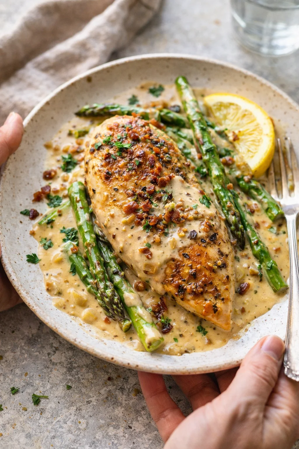 crispy chicken in creamy sauce with asparagus and lemon on a speckled plate