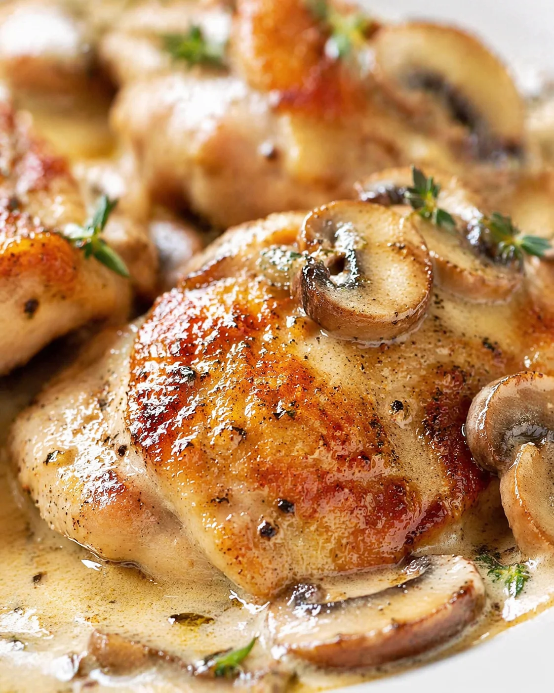close-up of golden-brown roasted chicken with mushroom slices in a creamy herb sauce