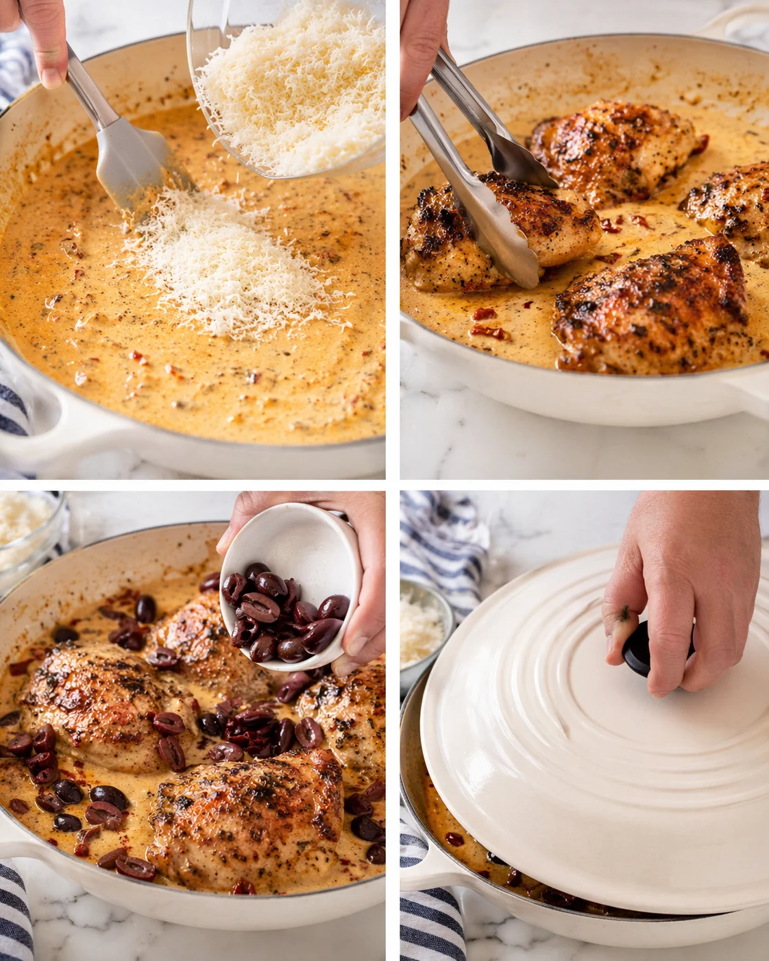 four-panel collage showing chicken in creamy sauce being prepared with cheese, olives, and a lid