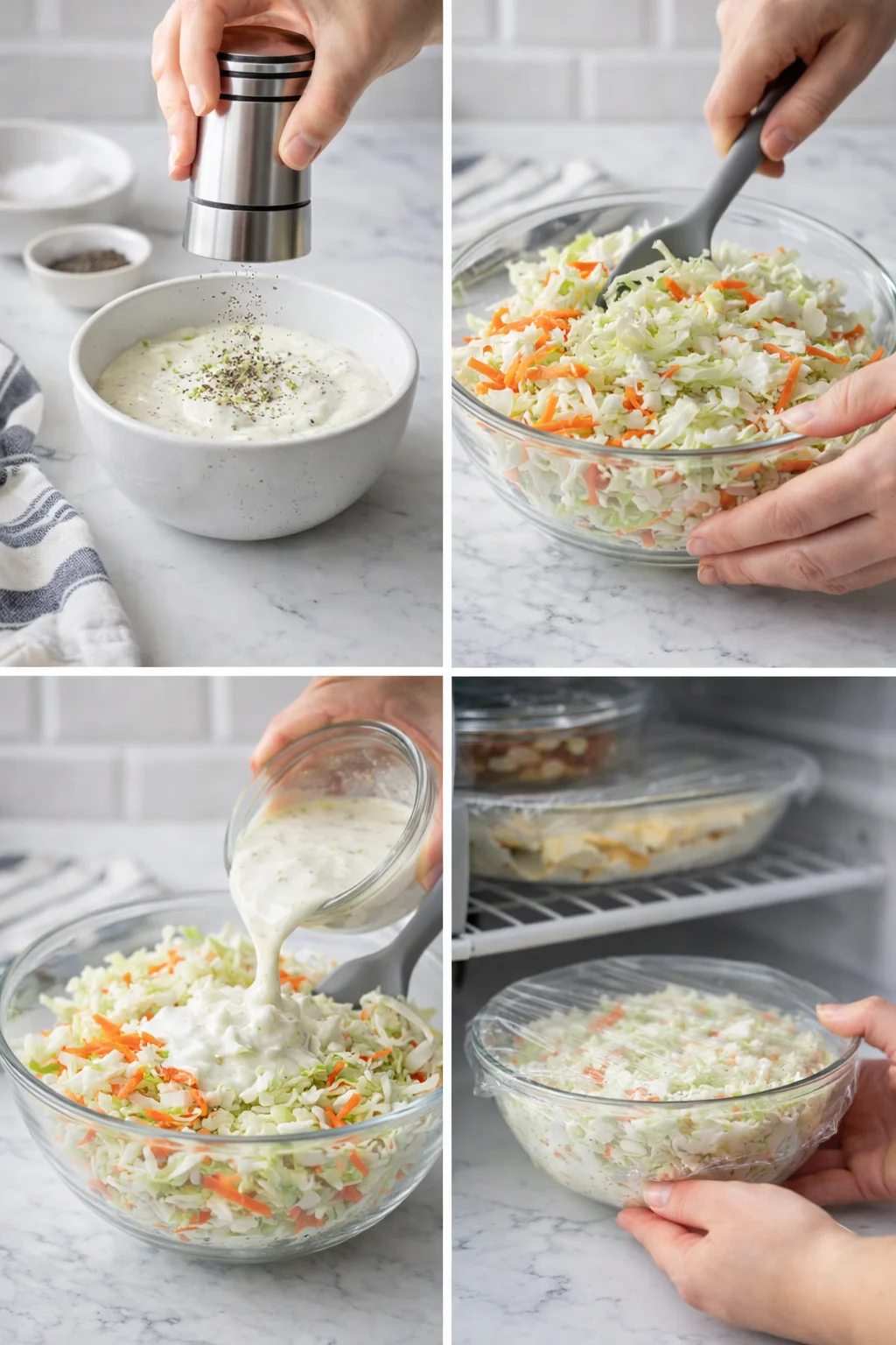 Four-panel collage: adding pepper to dressing, shredding cabbage and carrots, pouring dressing, ready-to-chill coleslaw.