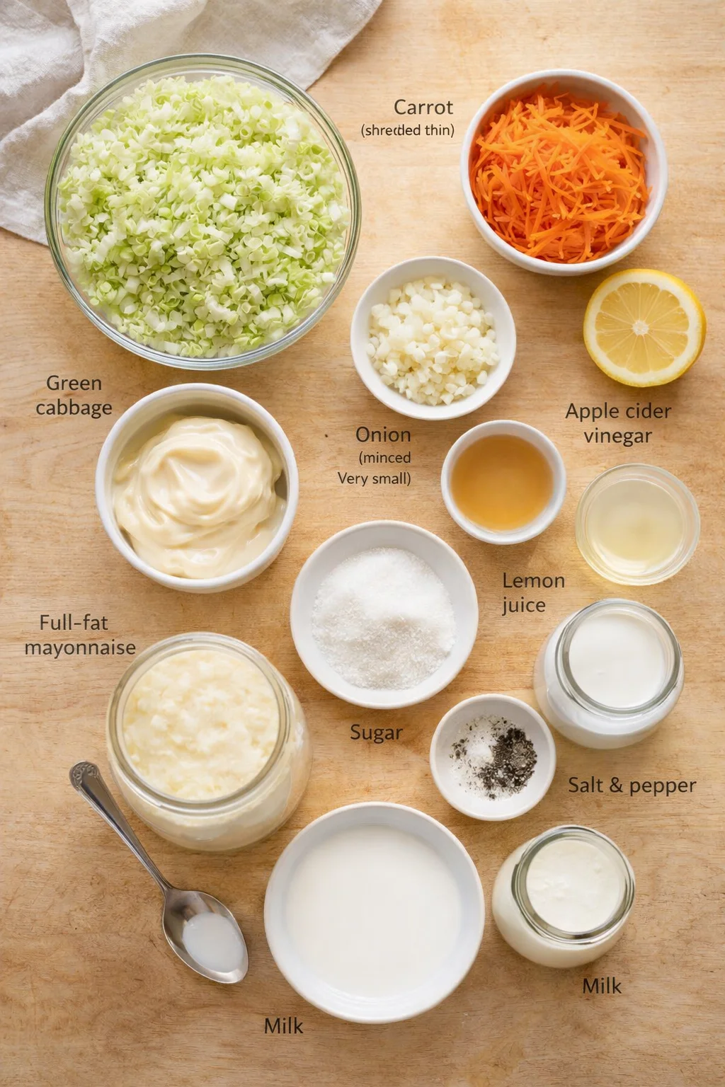 Overhead view of labeled coleslaw ingredients arranged on a wooden board, including chopped cabbage, shredded carrot, mayo, sugar, and lemon.