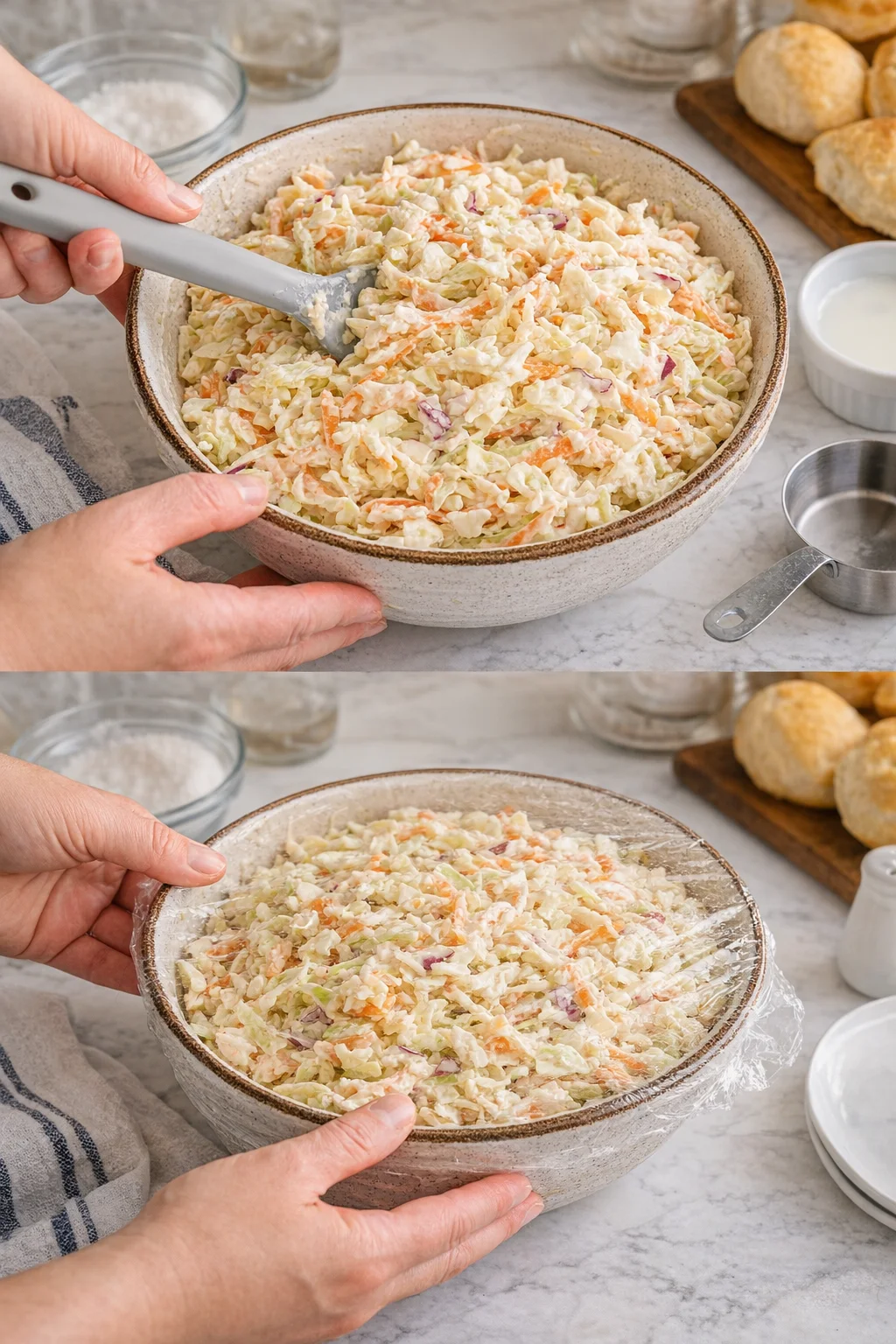 A rustic bowl of creamy cabbage-carrot coleslaw being mixed with a spatula.