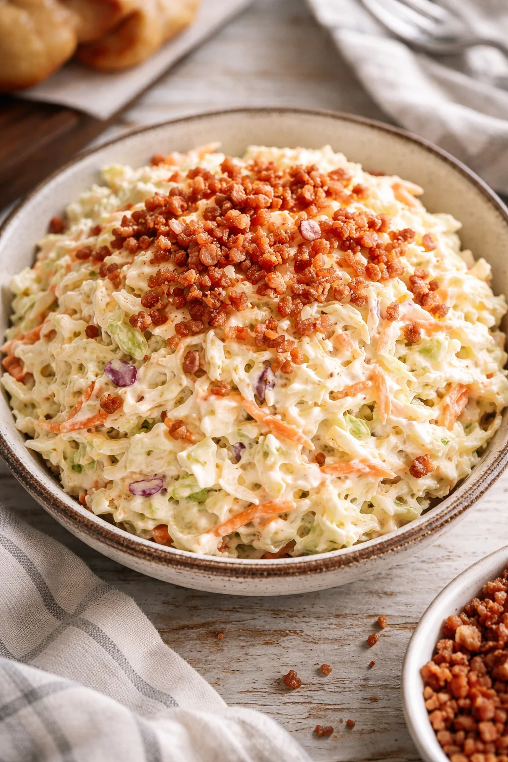 bowl of creamy coleslaw topped with crispy bacon bits on a rustic wooden table