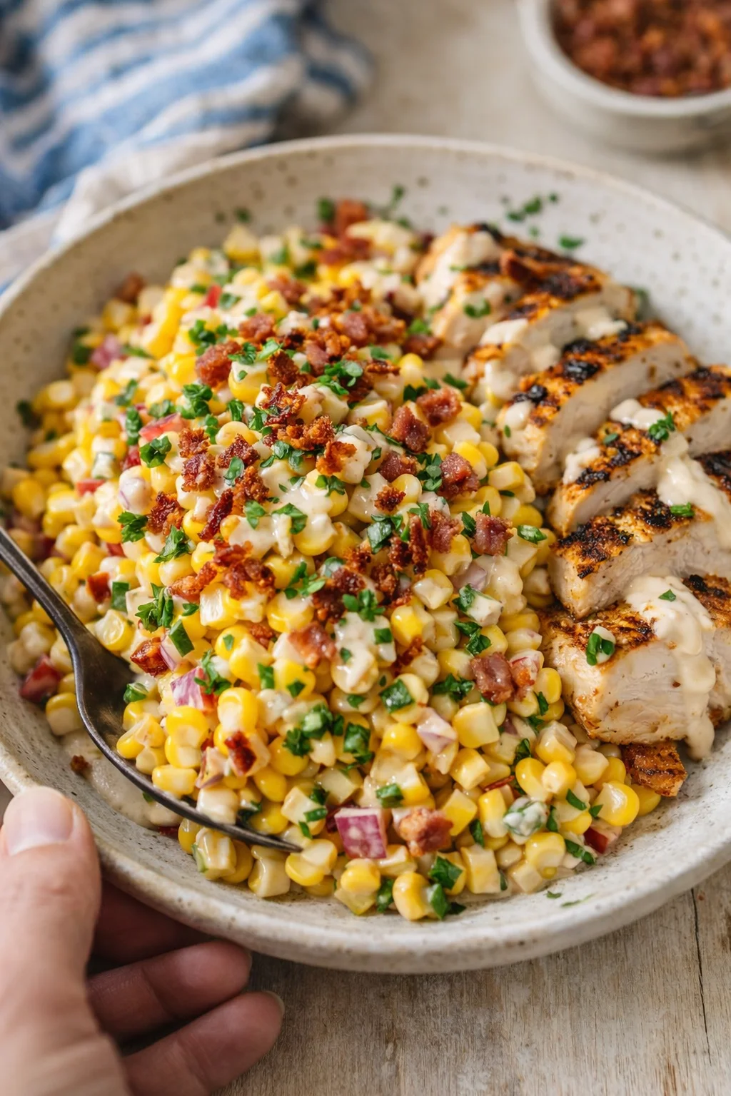 Sliced grilled chicken beside a creamy corn, bacon, and herb mixture in a speckled skillet.