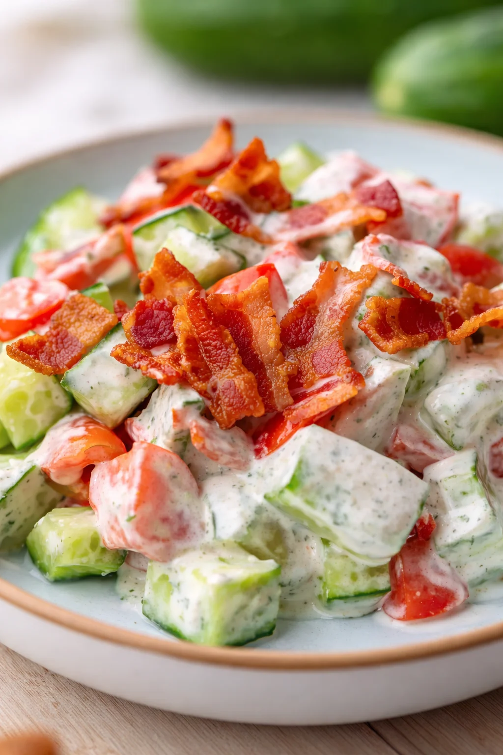 Crispy bacon atop creamy cucumber-tomato salad in a light blue bowl.