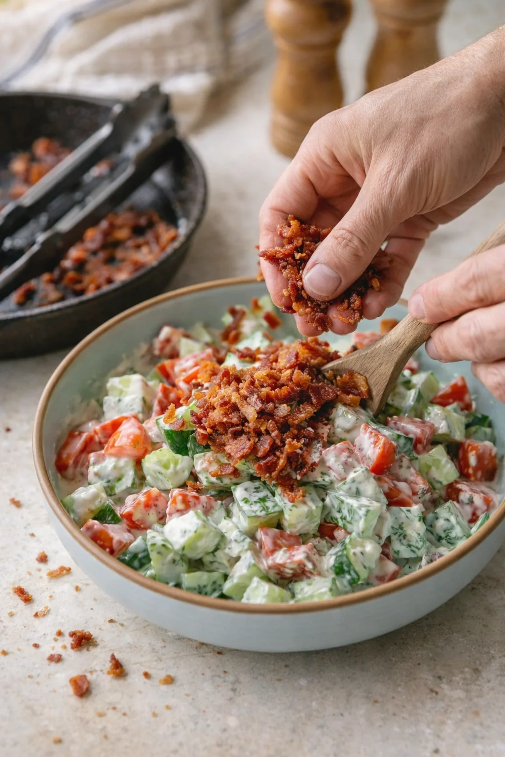 A bowl of creamy cucumber and tomato salad is being topped with crispy bacon bits.