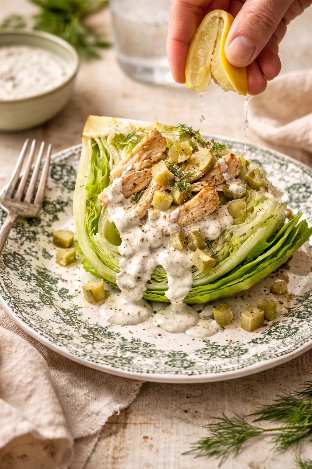 Iceberg lettuce wedge topped with sliced chicken, dill cream sauce, and pickle dice.
