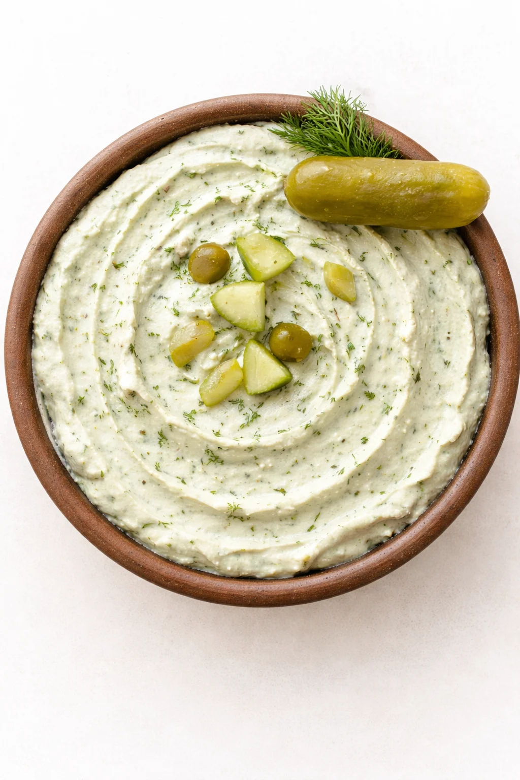 Top-down view of creamy dill cucumber dip in a brown bowl, with pickles and dill garnish.