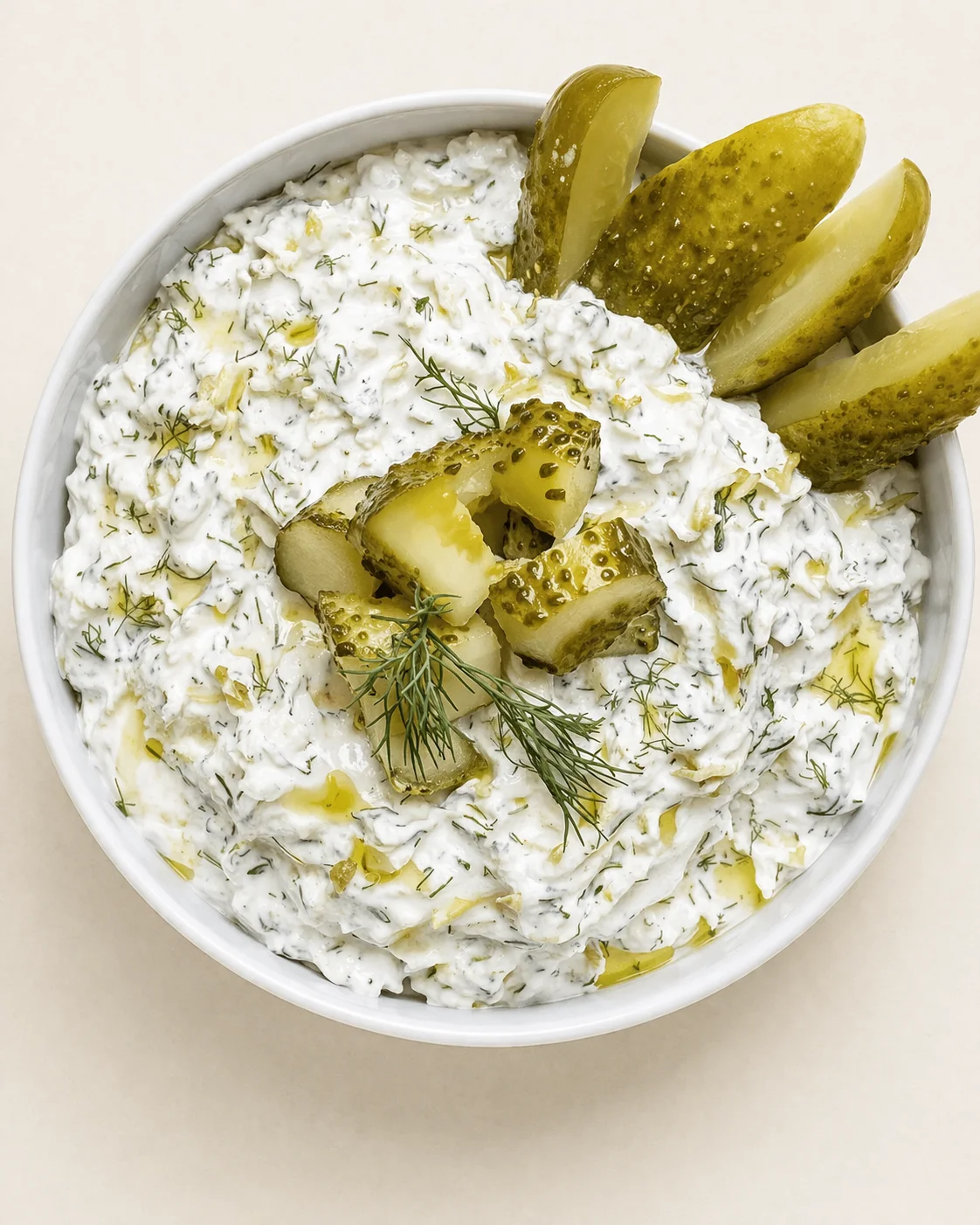 Top-down view of a white bowl with creamy dill cucumber dip, garnished with pickles.