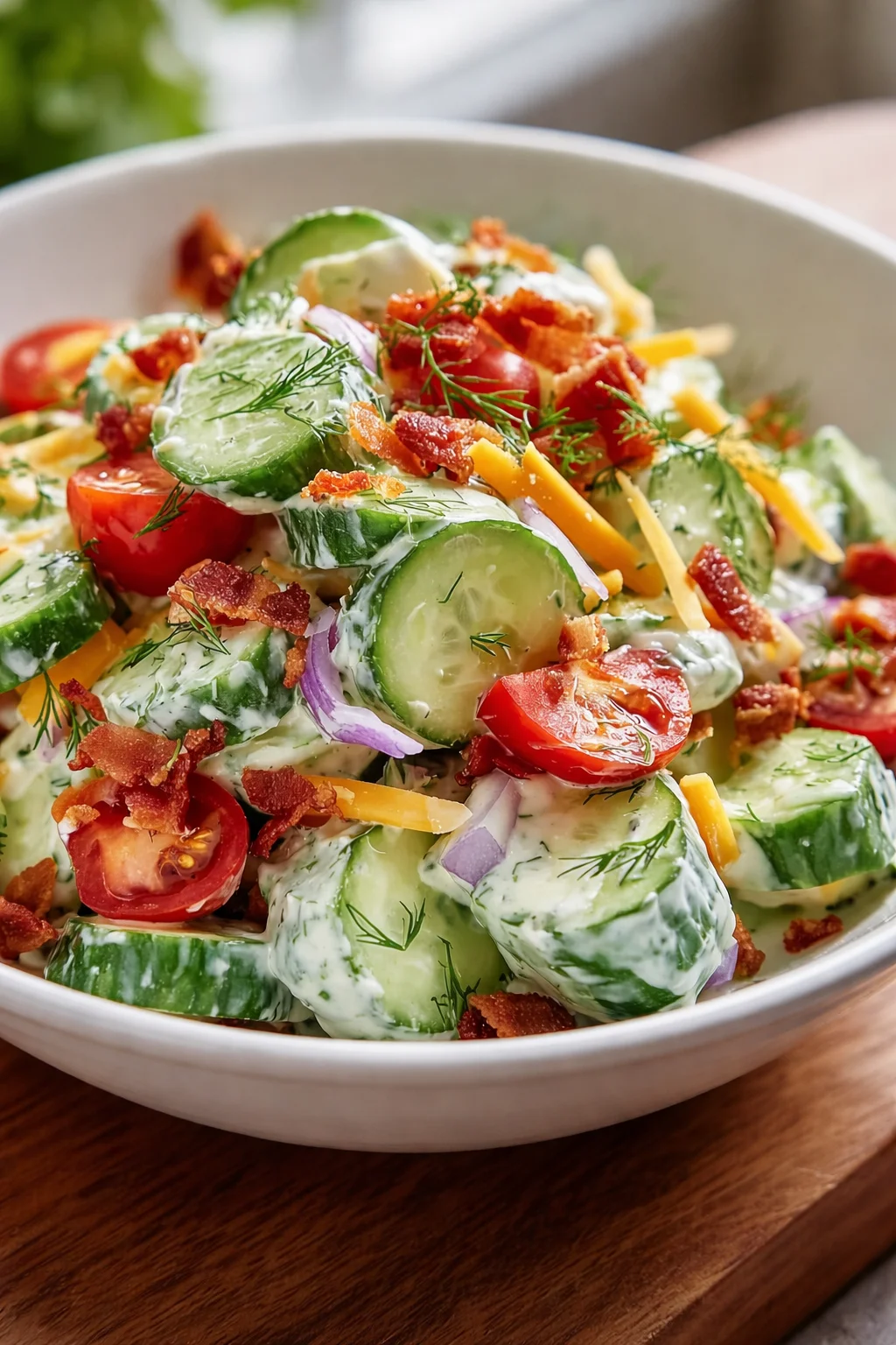 Creamy cucumber salad with tomatoes, onions, dill, bacon, and cheddar in a white bowl.