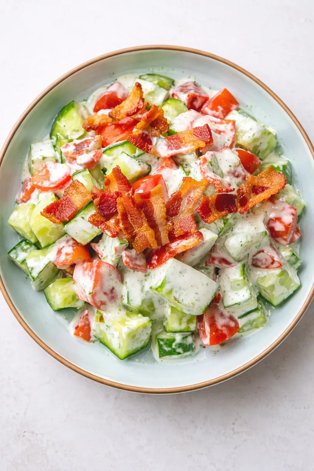 bowl of cucumber, tomato, and bacon salad with creamy dill dressing