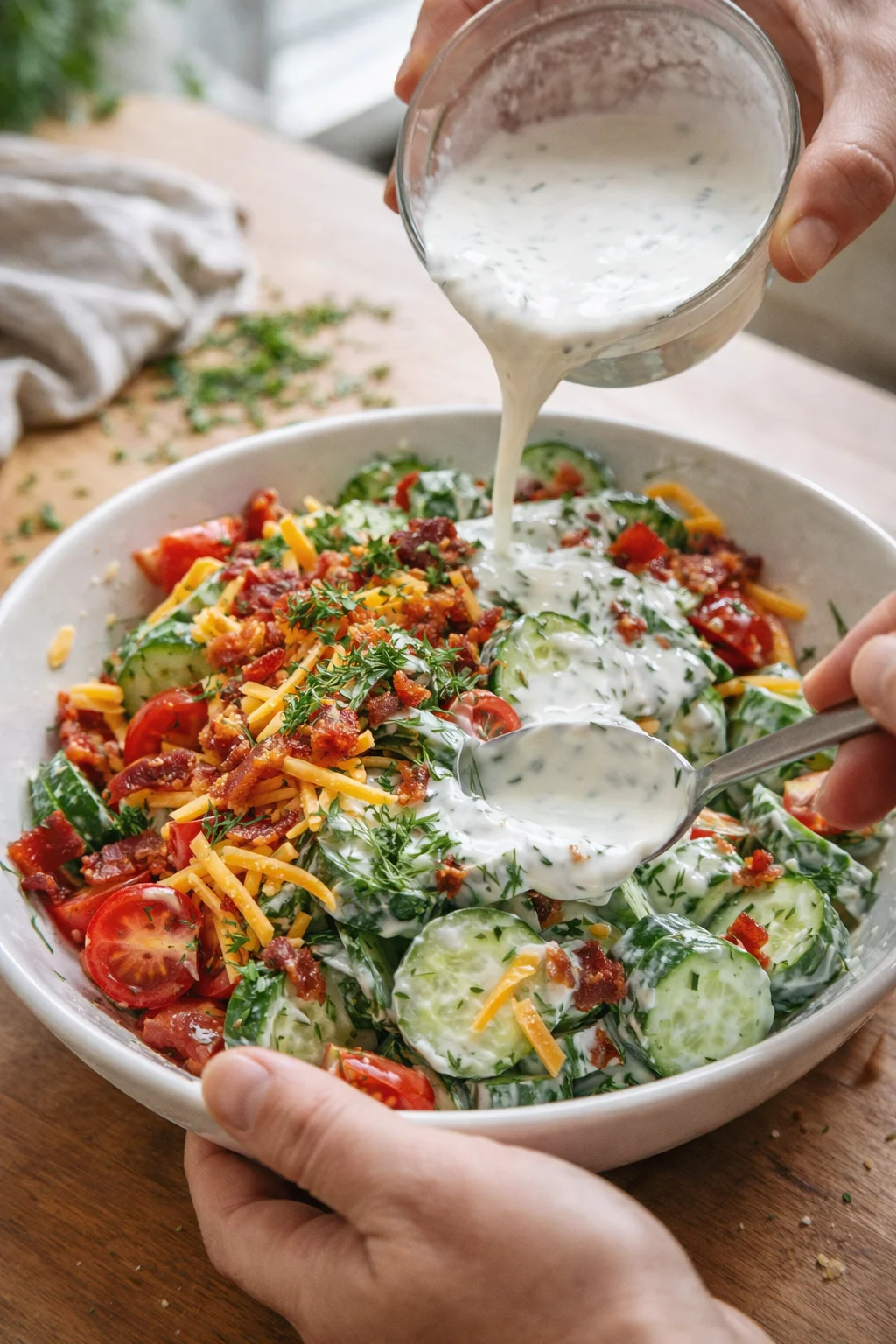 bowl of cucumber-tomato salad being poured with creamy dill dressing