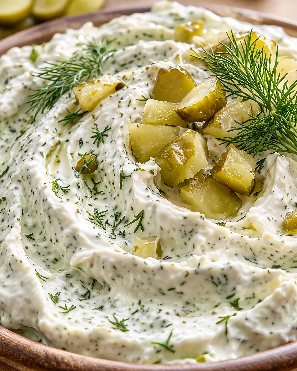 Close-up of a creamy dill-herb dip with golden potato chunks and dill sprigs
