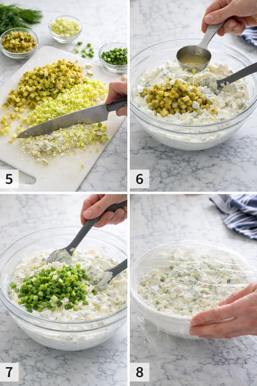 Collage of dip prep steps: diced pickles added to a creamy base, then green onions, and covered bowl.