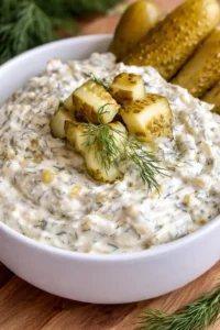 Creamy dill pickle dip in a white bowl, topped with pickle cubes and dill.