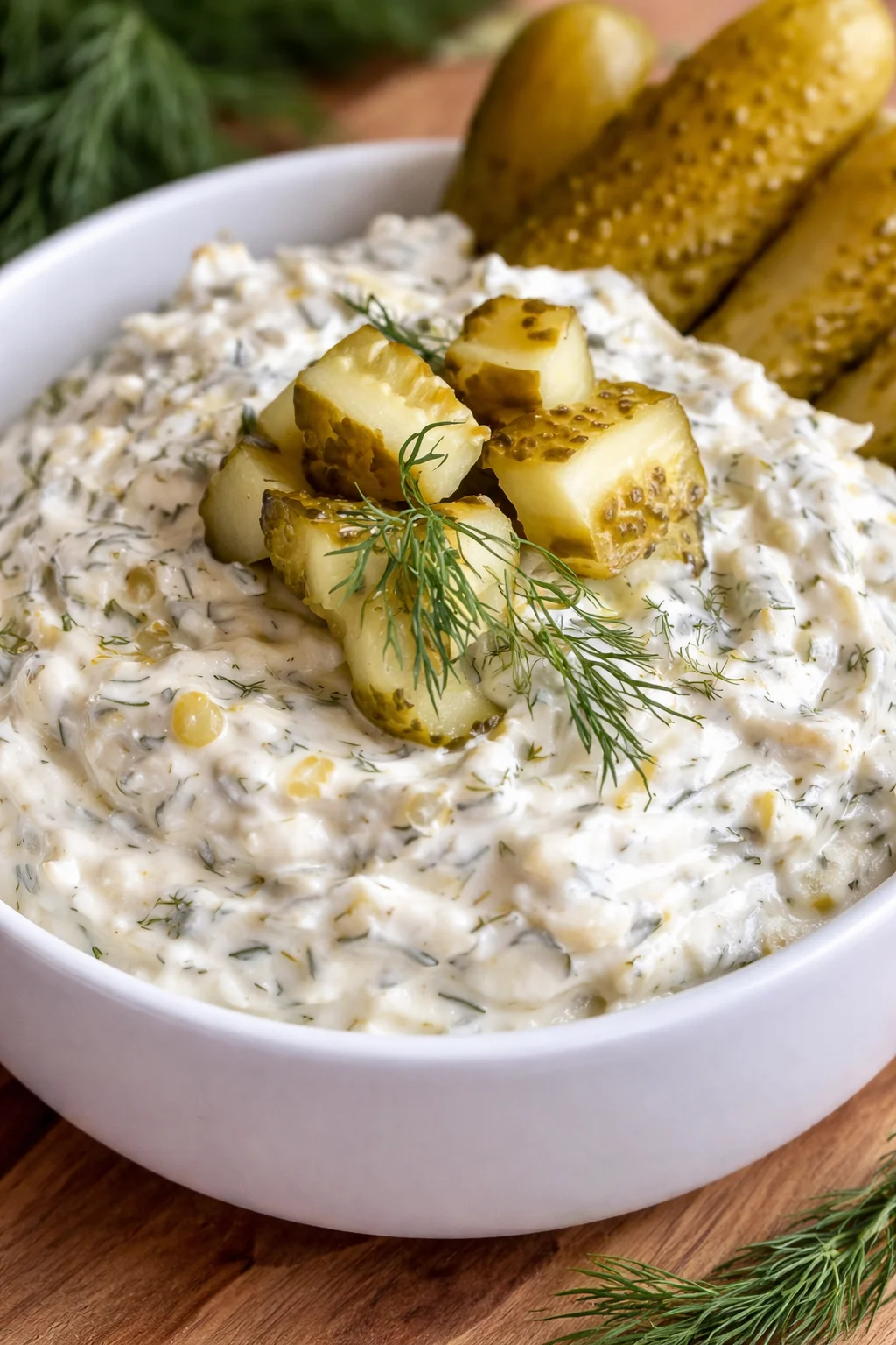 Creamy dill pickle dip in a white bowl, topped with pickle cubes and dill.