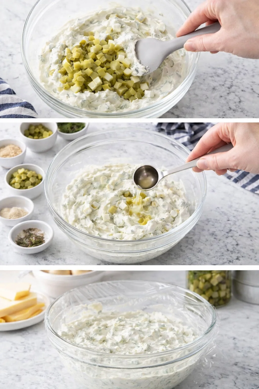 Three-panel collage of creamy dill dip being prepared with pickles, on marble counter