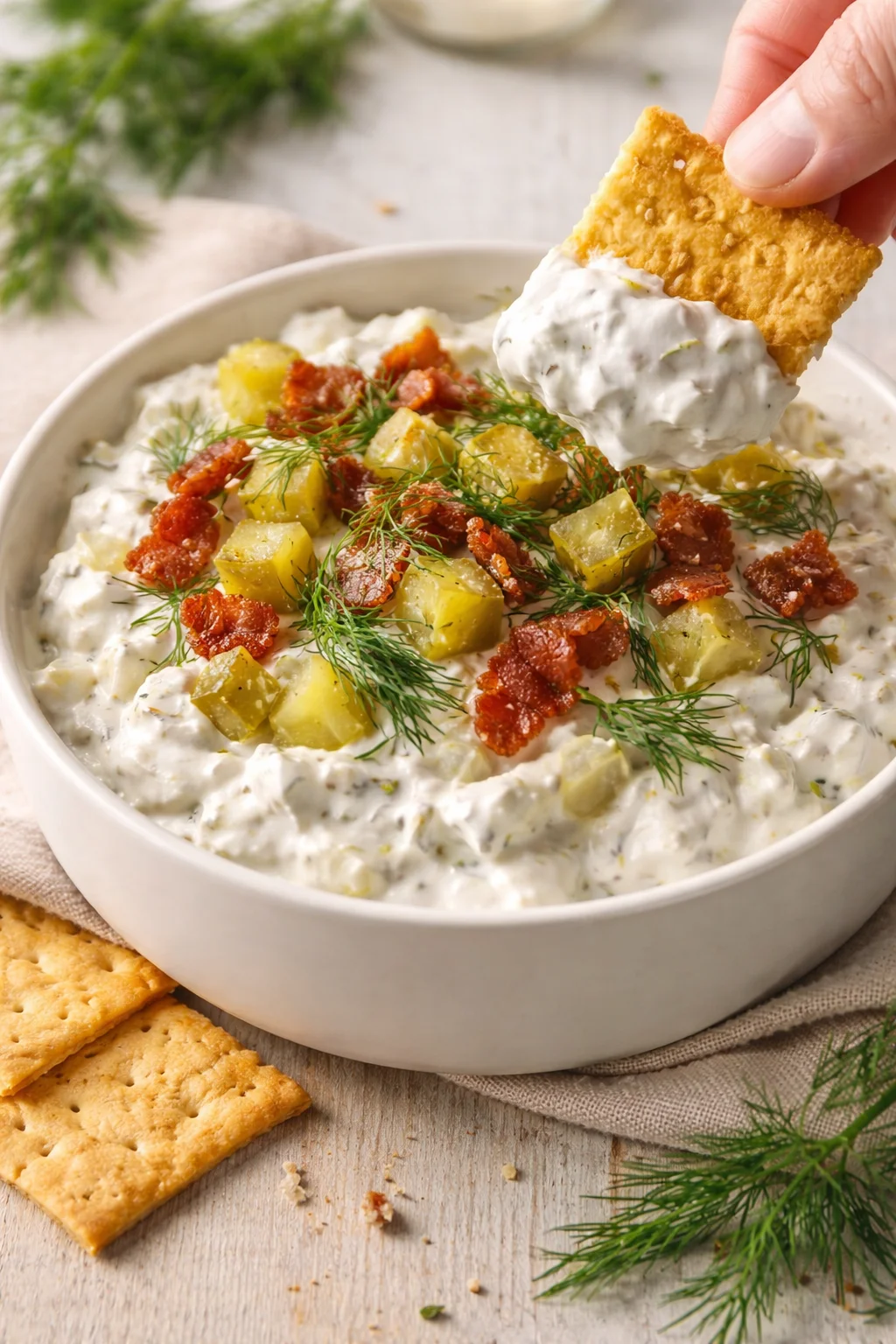 Creamy white dip with potato cubes and dill, in a white bowl, with crackers for dipping.
