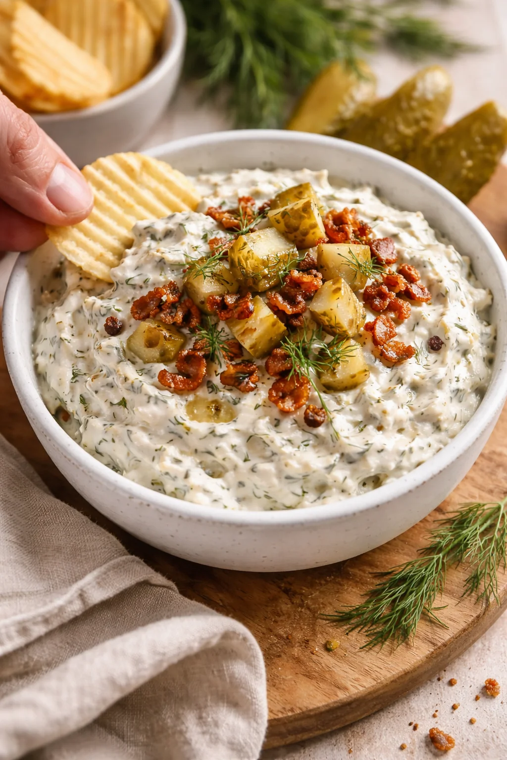 Creamy dill potato dip topped with potato chunks and crispy bacon, with chips on the side.