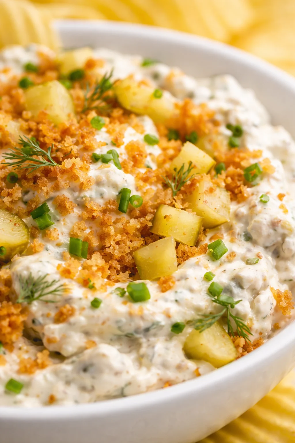 creamy potato salad with dill, chopped green onions, and crunchy breadcrumb topping in a white bowl.
