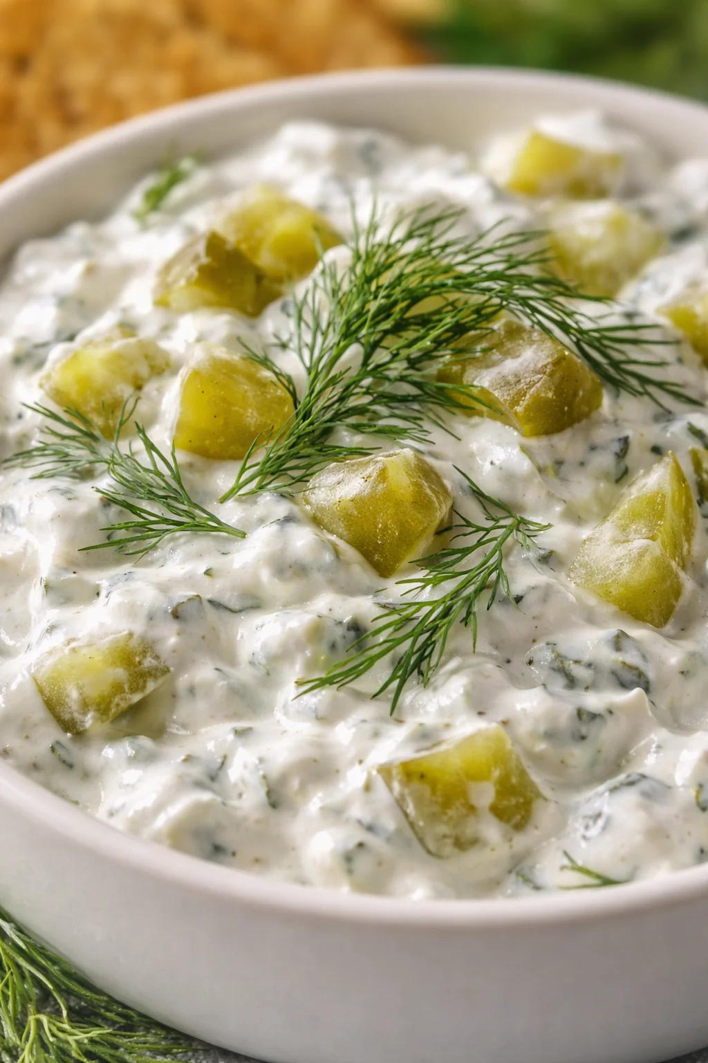 Creamy potato salad with dill garnish in a white bowl.