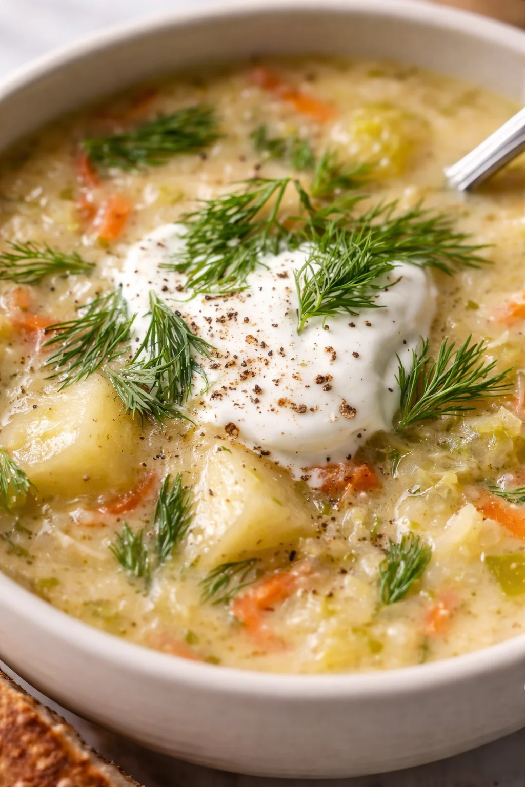 Creamy potato soup with carrots, dill, and a dollop of sour cream in a white bowl.