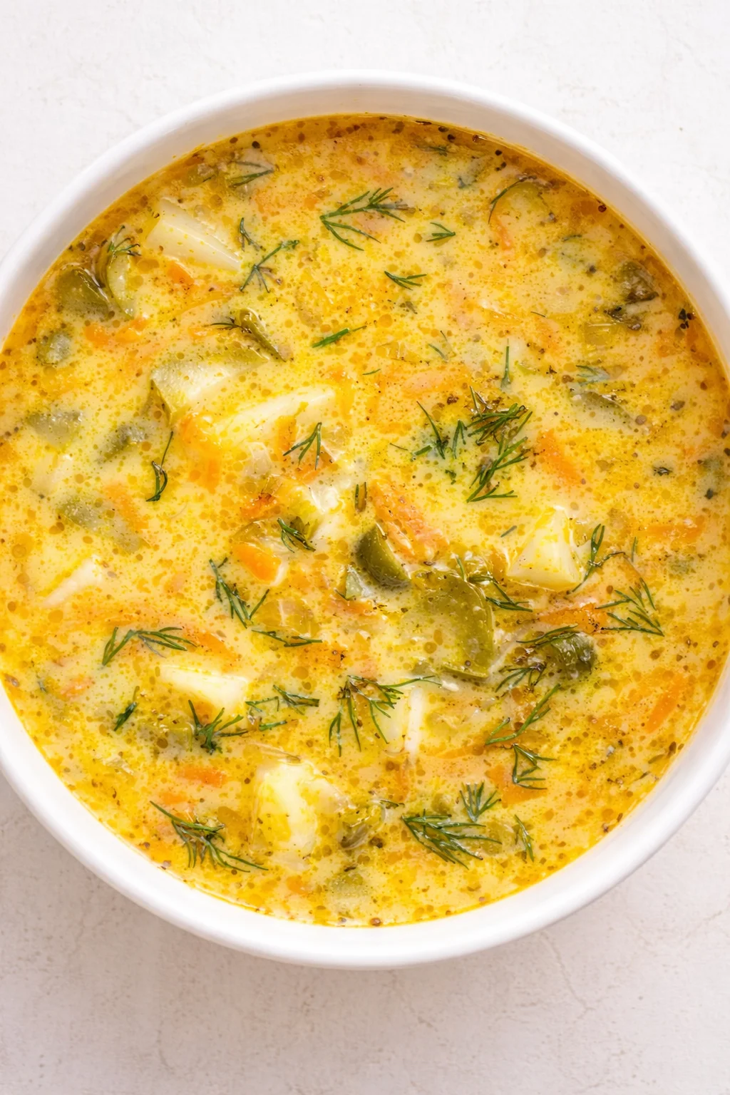 bowl of creamy potato soup with carrots and dill garnish, photographed from above