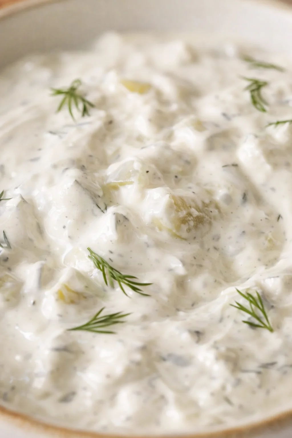 Close-up of thick creamy dill sauce with fresh dill sprigs in a pan.