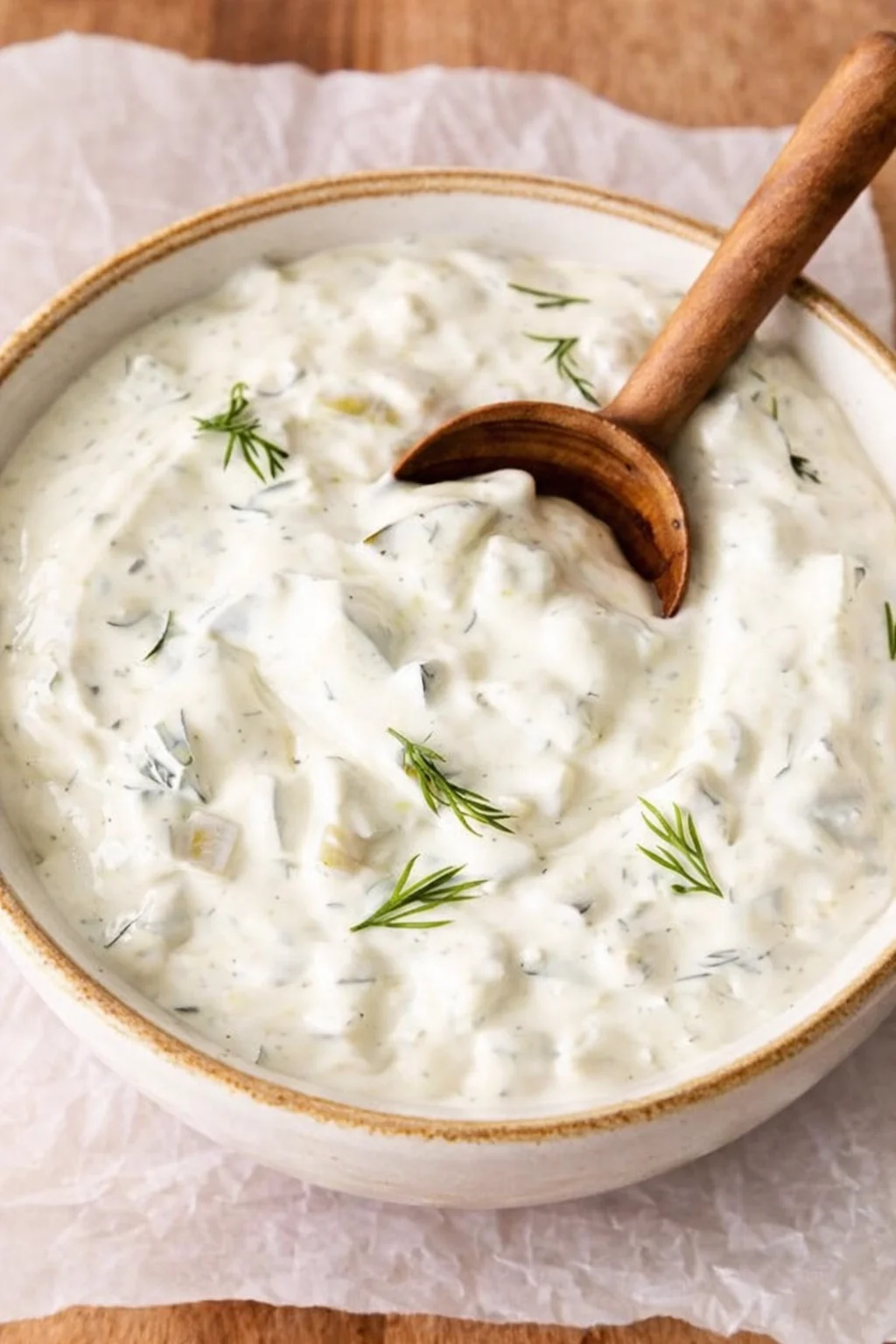 Creamy tzatziki sauce with dill in a white ceramic bowl, wooden spoon resting in the mixture.