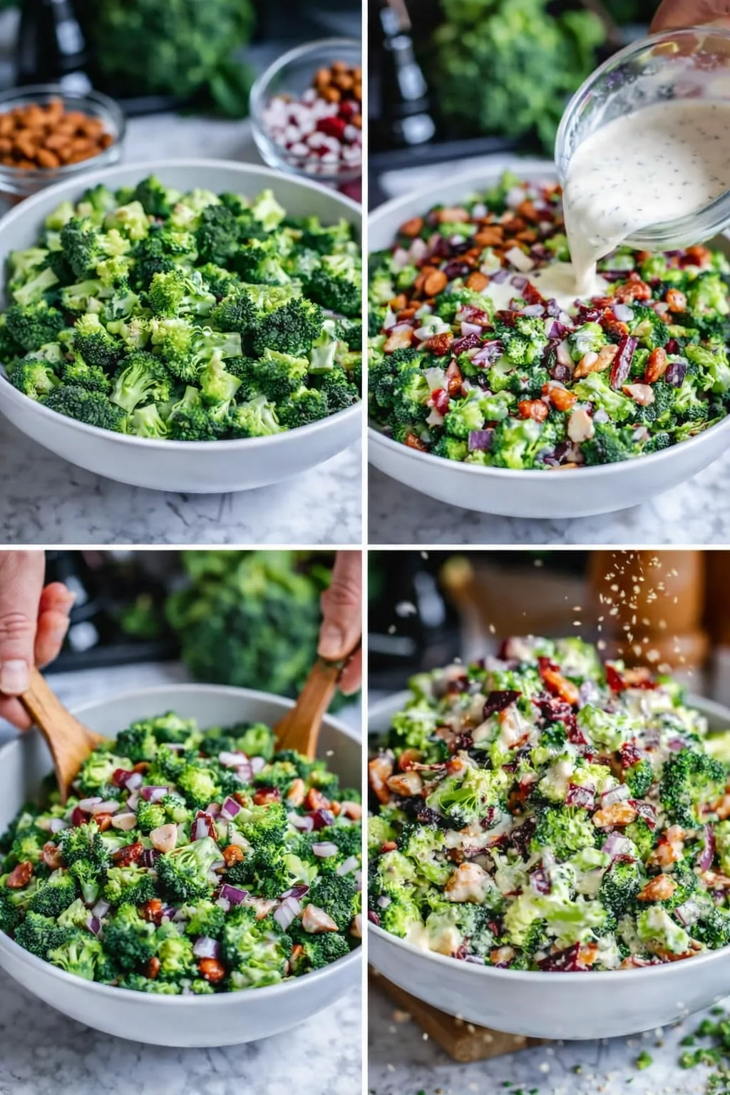 Collage of broccoli salad ingredients—broccoli florets, red onions, almonds, cranberries—with creamy dressing poured over.
