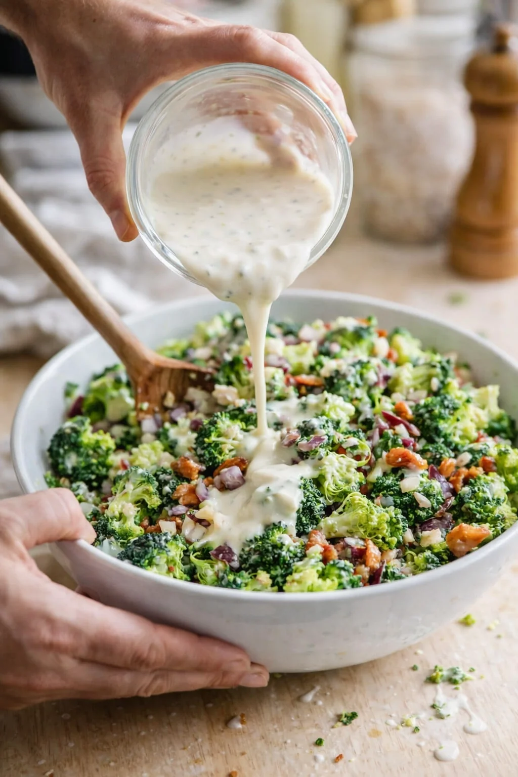 Hands pouring creamy dressing over kale-broccoli salad in a white bowl