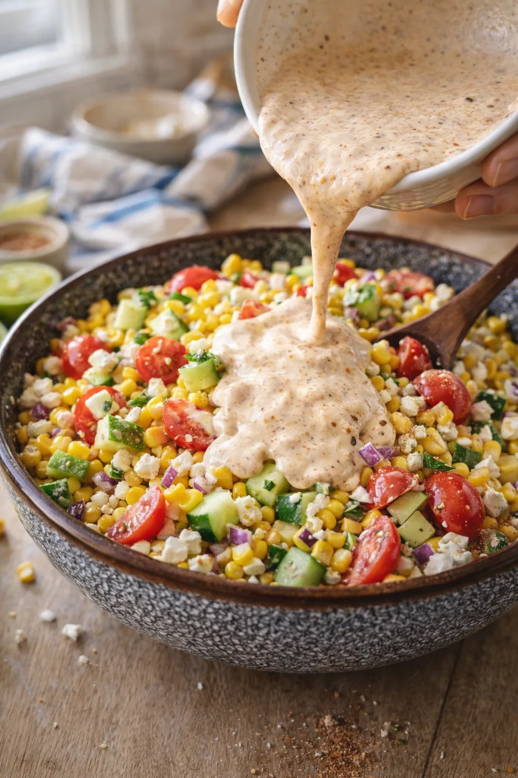 Colorful corn salad with tomatoes, cucumbers, feta, and red onion, cream sauce being poured